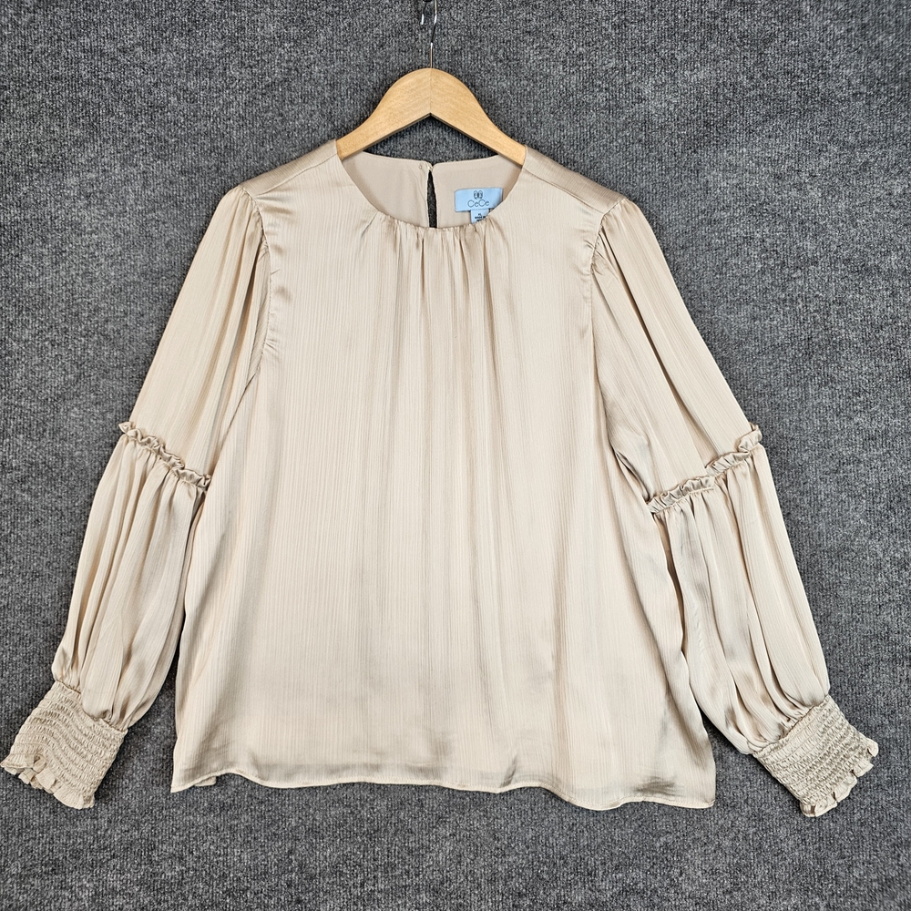 Cece Blouse XL Woman's Champagne Florence Rose Long Sleeve Ruffle Lined Shirt